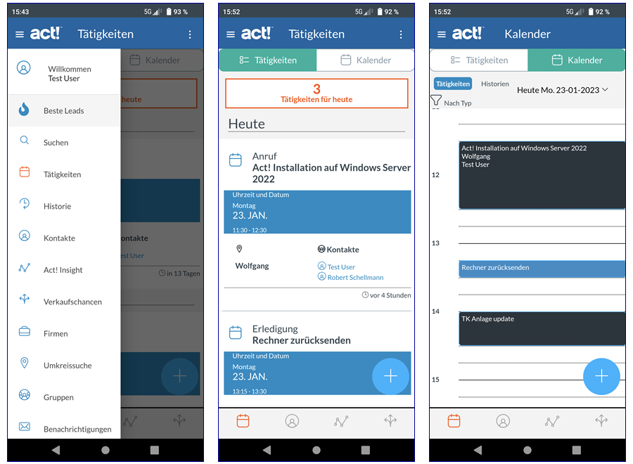 Act! Companion App Menü Tätigkeiten Kalender